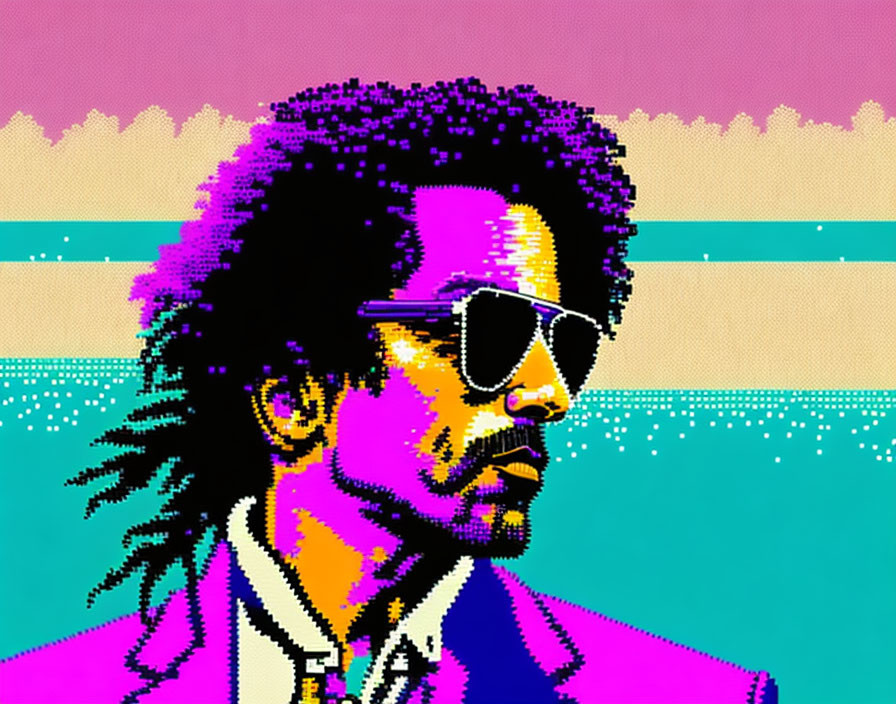 Man with Afro and Sunglasses in Retro Pixel Art Portrait