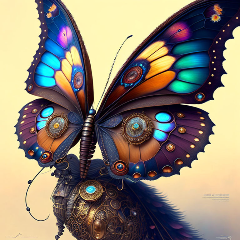 Mechanical butterfly digital artwork with intricate gears and colorful wings