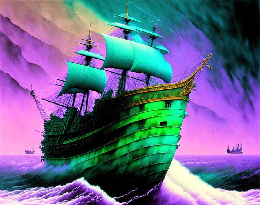 Colorful illustration of classic galleon sailing on lilac waves with emerald-green sails under purple