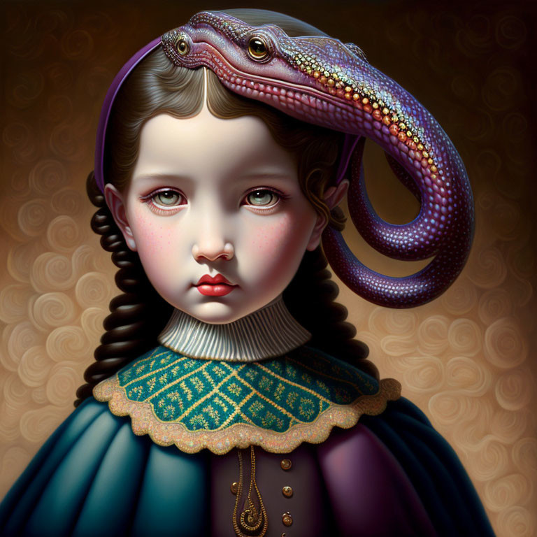 Surreal portrait: girl with octopus hat, blue dress, gold trim, brown background