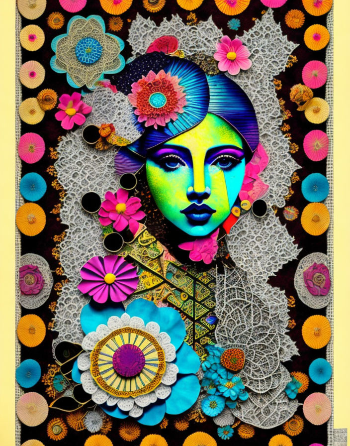 Vibrant floral patterns surrounding woman's face on black background