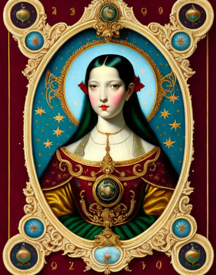 Surreal portrait of woman with pale skin and red lips in ornate gold-accented oval