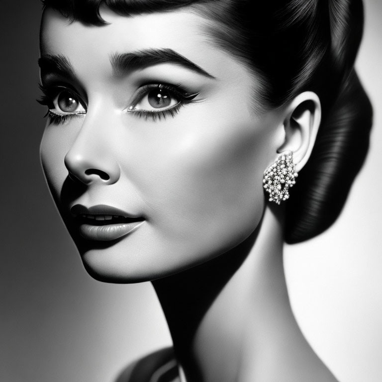 Vintage-inspired monochrome portrait of a woman with arched eyebrows and winged eyeliner.