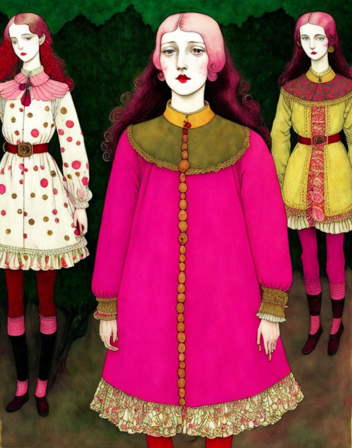 Vintage-style illustration of three women with matching features, pink and yellow tones, on green backdrop