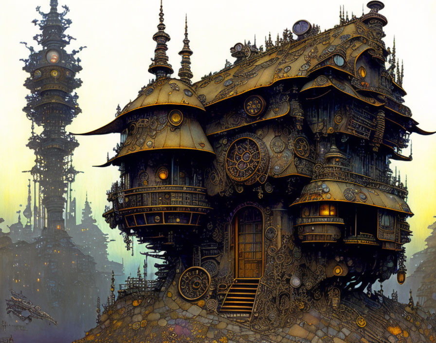 Steampunk-style house with intricate gears in industrial cityscape