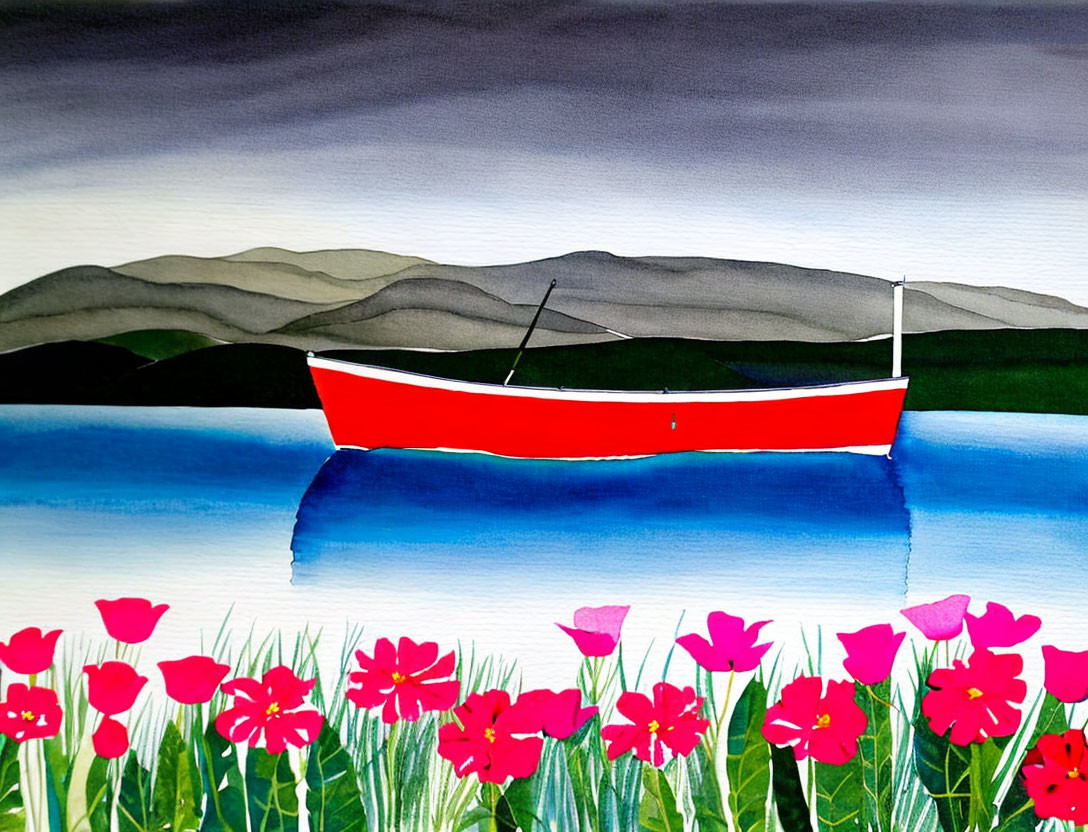 Colorful Watercolor Painting of Red Boat on Blue Lake with Pink Flowers and Green Hills