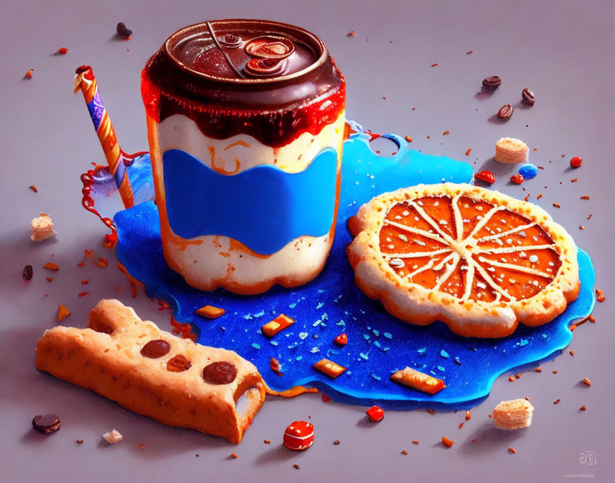 Melting soda can, orange slice, cookie, and candy on textured surface