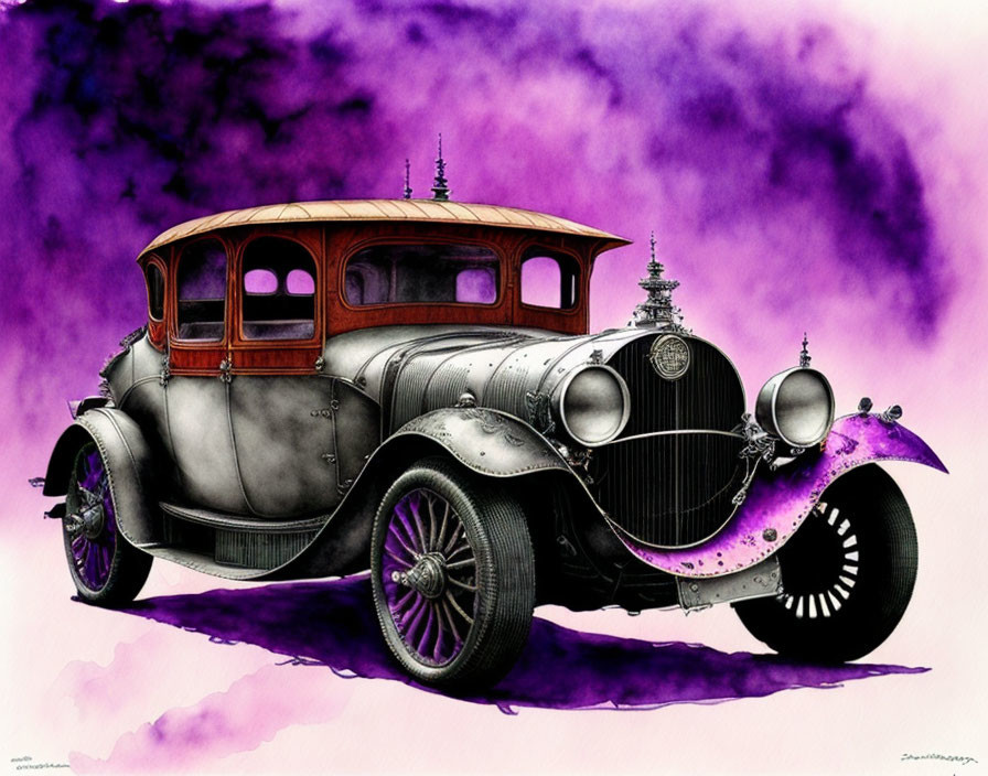 Detailed Vintage Car Illustration with Woody Design and Purple Accents