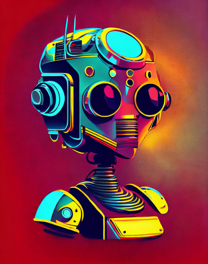 Colorful stylized robot head illustration on red background