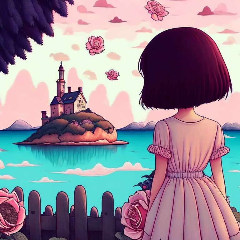 Girl with bob haircut gazes at lighthouse on small island amidst floating roses and pink twilight sky