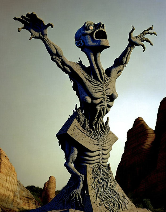 Fantastical creature statue with outstretched arms and bulging eyes among rocky spires