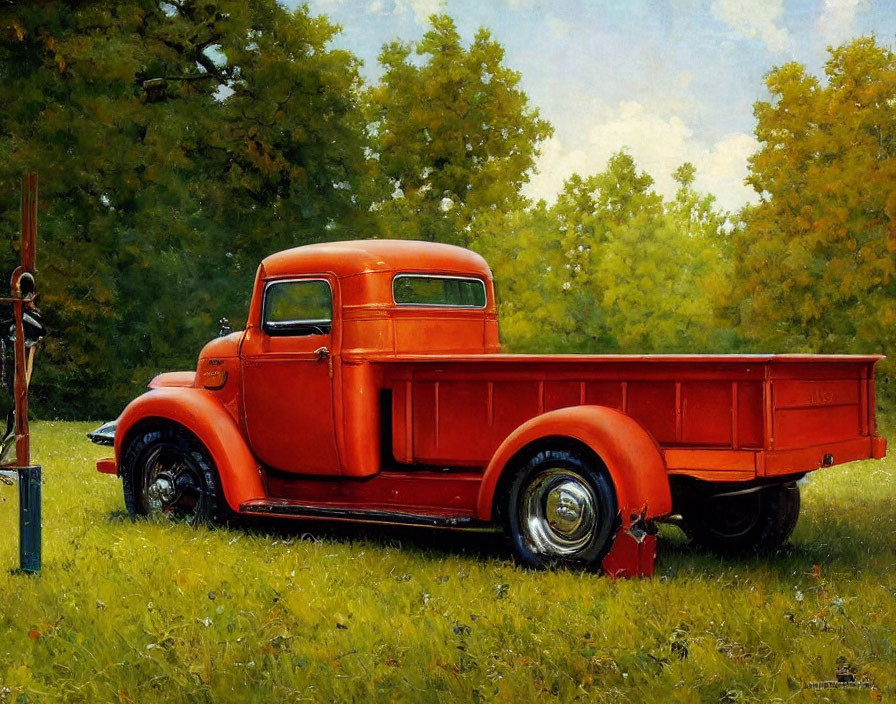 Vintage Red Pickup Truck Parked on Lush Green Grass Against Tree Backdrop