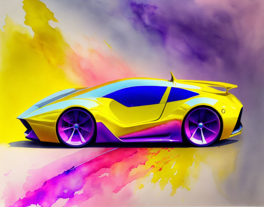 Colorful digital artwork: Yellow sports car with blue and purple highlights on multicolored watercolor backdrop