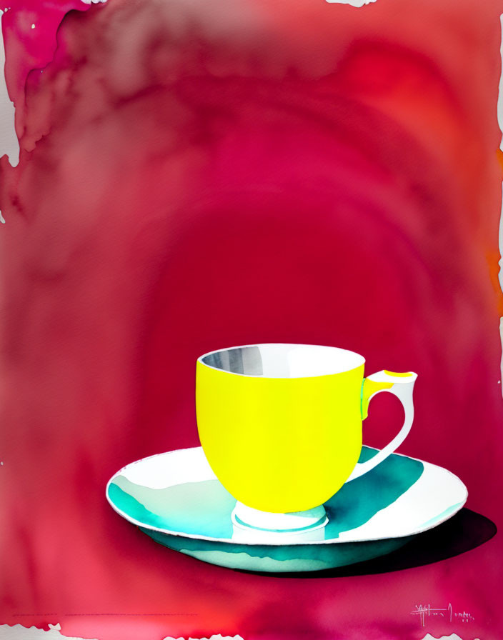 Colorful Watercolor Illustration of Yellow Cup on Teal Saucer