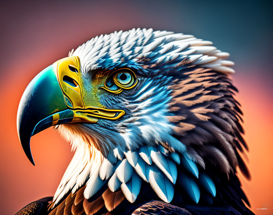 Majestic bald eagle head with sharp yellow beak and intense gaze