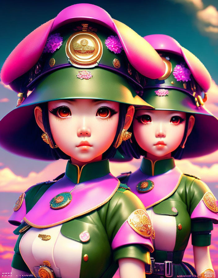 Stylized characters in ornate military uniforms with floral helmets on pink backdrop