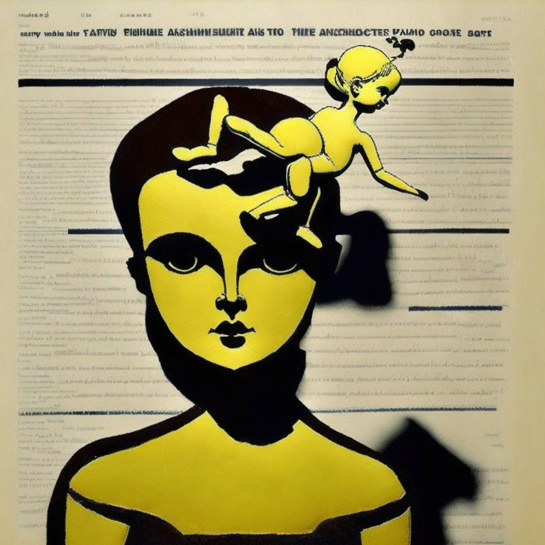 Yellow and black graphic art of woman's face with small figure on head against text background