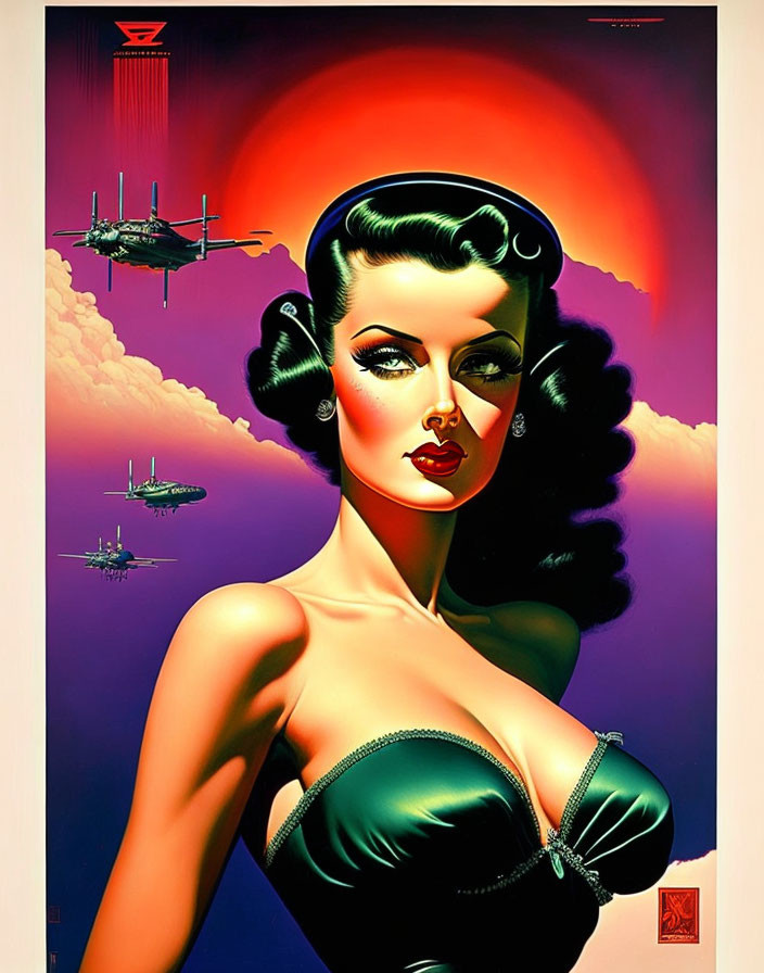 Stylized pin-up illustration of woman with 50s hair and makeup against eclipse backdrop.