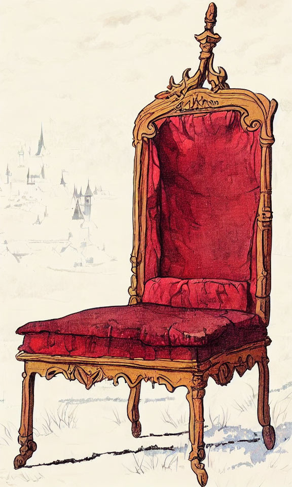 Vintage red upholstered chair with wooden frame and castle illustration in the background