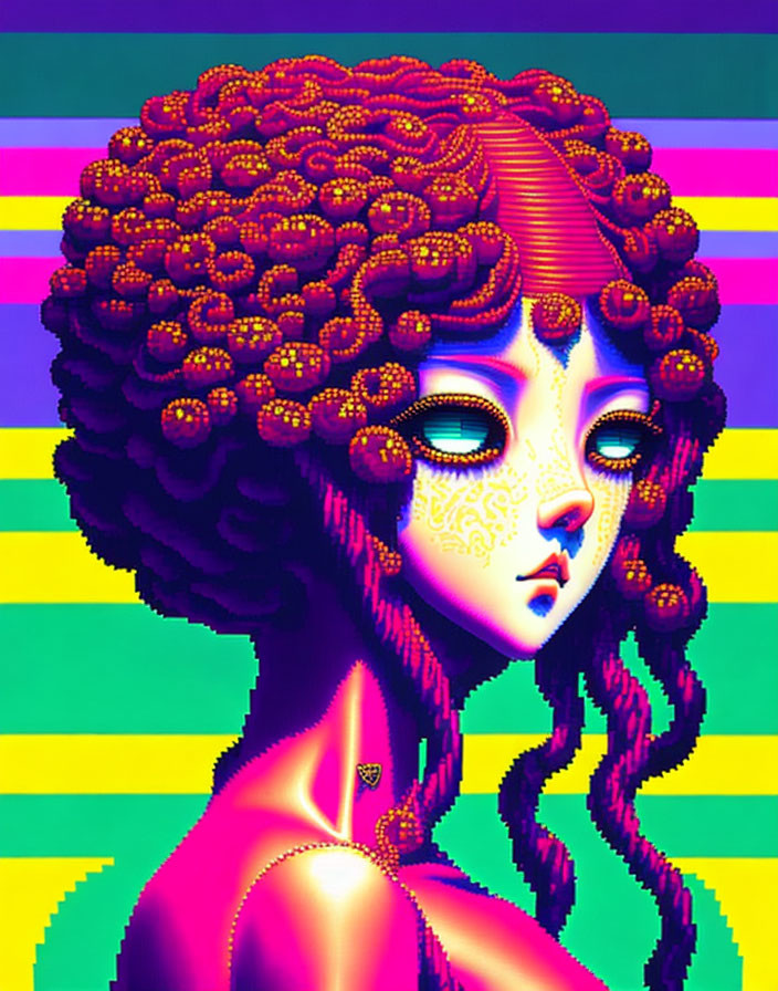 Colorful digital portrait of a woman with curly hair and intricate facial patterns on a striped background