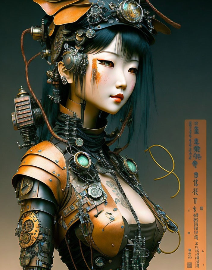 Steampunk-style cybernetic female figure on neutral background