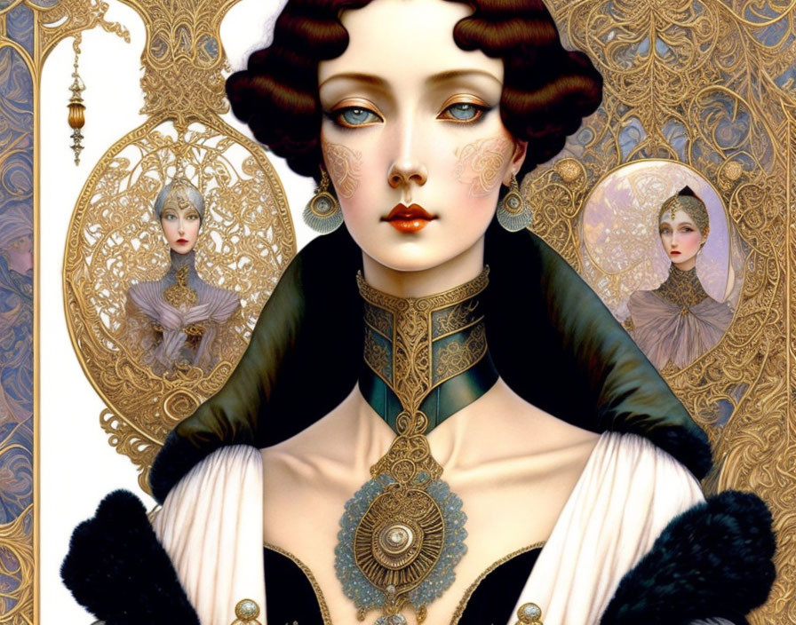 Intricate artwork of a woman in Victorian attire with golden jewelry