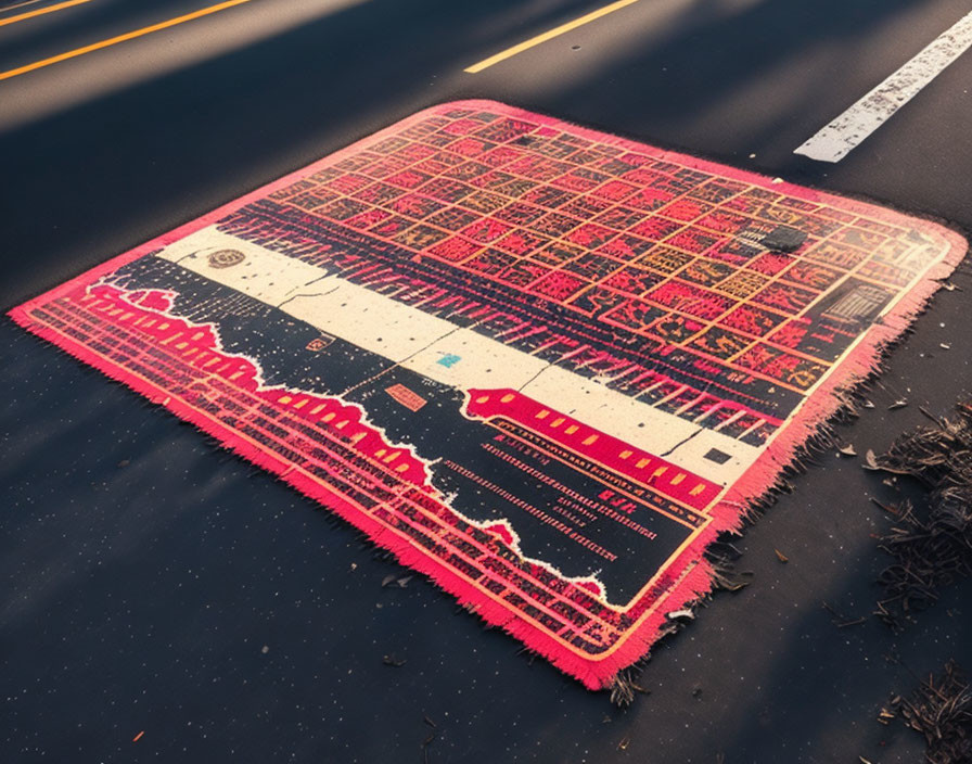 Large Worn-Out Rug with Vibrant Red Geometric Patterns on Asphalt