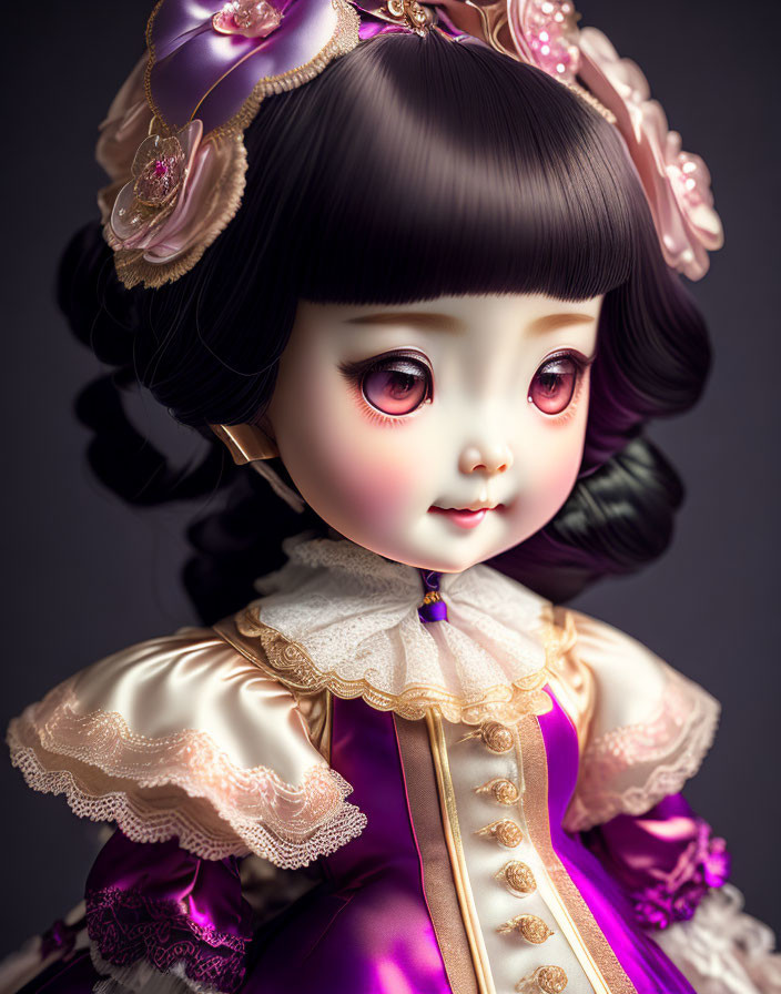 Detailed illustration: Doll with large eyes, purple and white dress, gold trim, ornate floral he