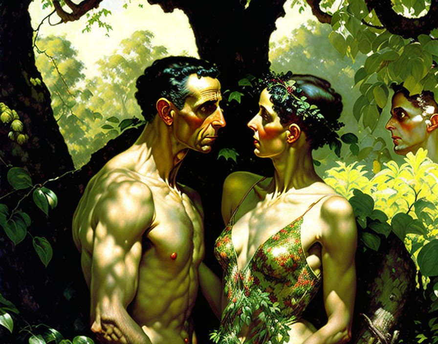 Hyper-realistic painting of man and woman in lush green foliage gaze.