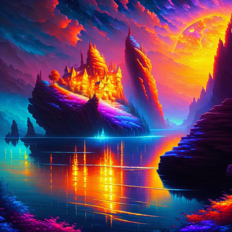 Fantastical landscape with luminous castle, cliffs, lake, and starry sky