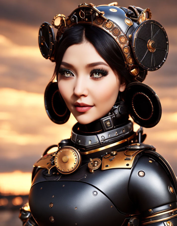 Steampunk-themed person in ornate attire at sunset