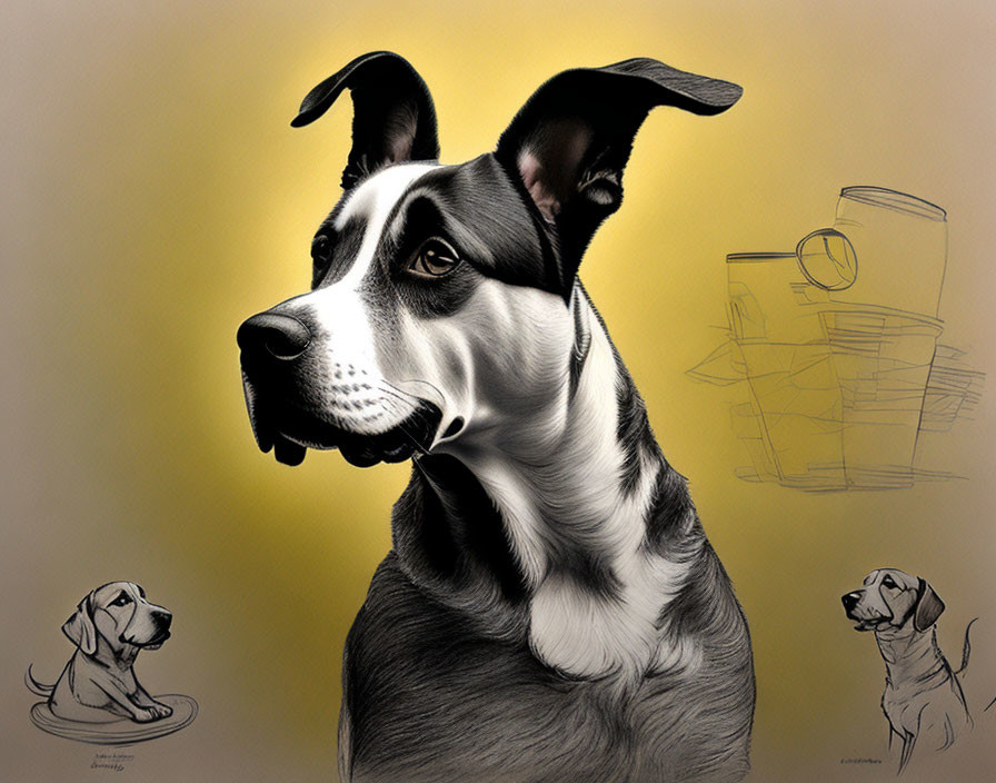 Illustration of black and white dog in various poses with glasses drawing in background