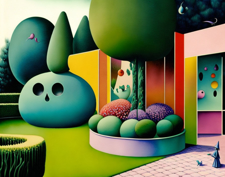 Colorful Surreal Landscape with Skull, Trees, Spheres & Geometric Shapes