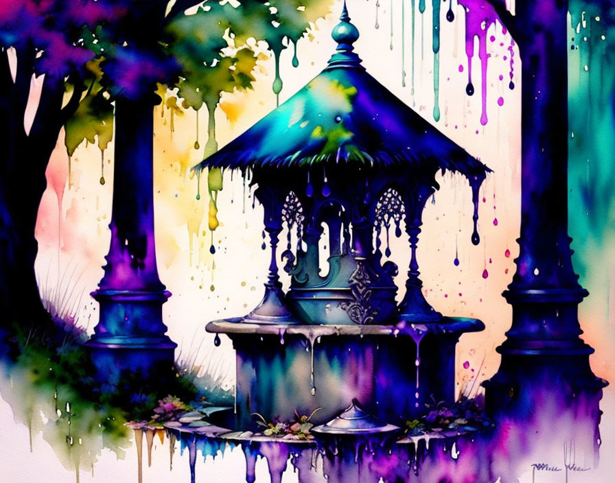 Victorian-style watercolor gazebo with vibrant colors and whimsical columns