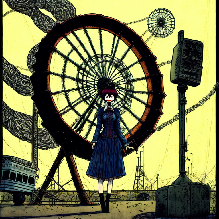 Illustration of girl with red eyes in blue dress at Ferris wheel in abandoned amusement park