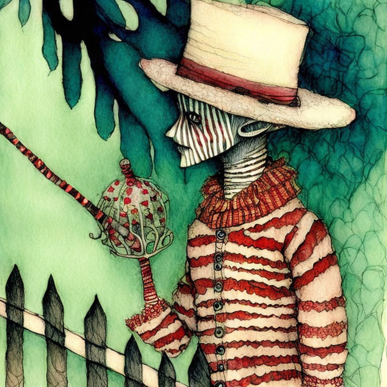 Skeletal figure in striped outfit with top hat holding birdcage near picket fence under green canopy