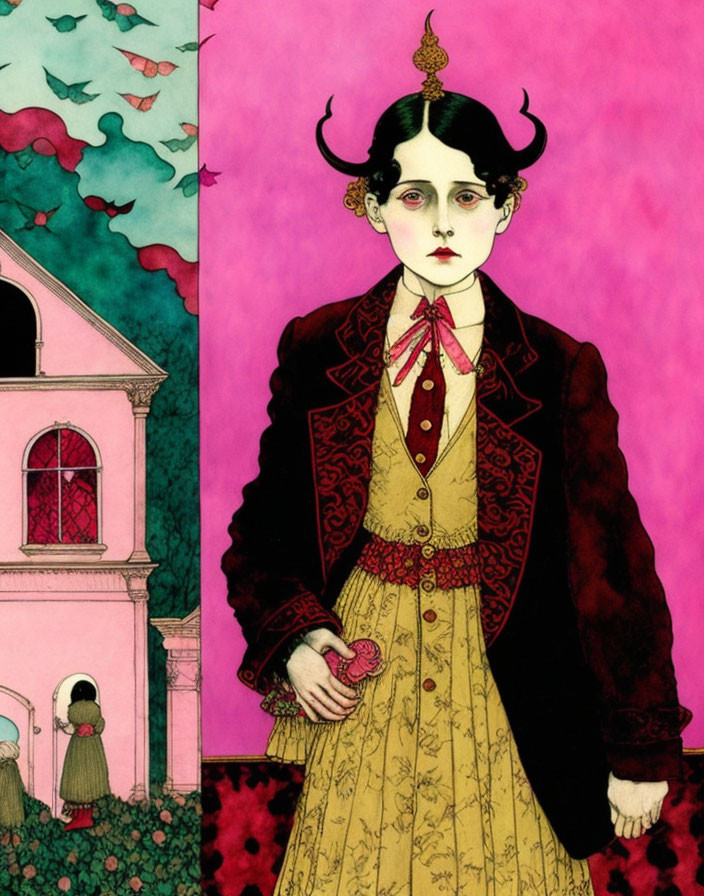 Illustration of pale woman with dark horns in yellow dress and red jacket before pink building.