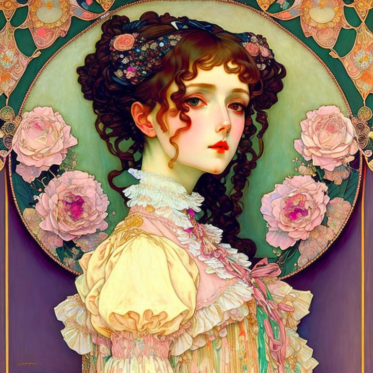 Stylized portrait of woman with curly brown hair and pink roses in Art Nouveau style