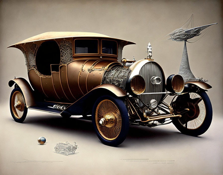 Steampunk-style vintage car with metallic texture and fantasy elements