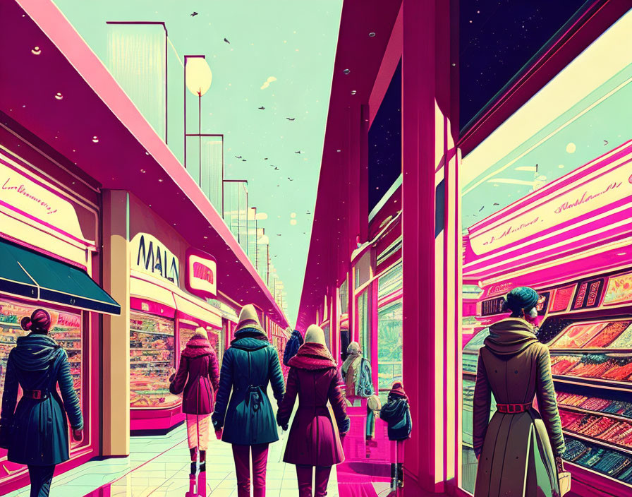 Futuristic neon-lit arcade with people walking under pink sky