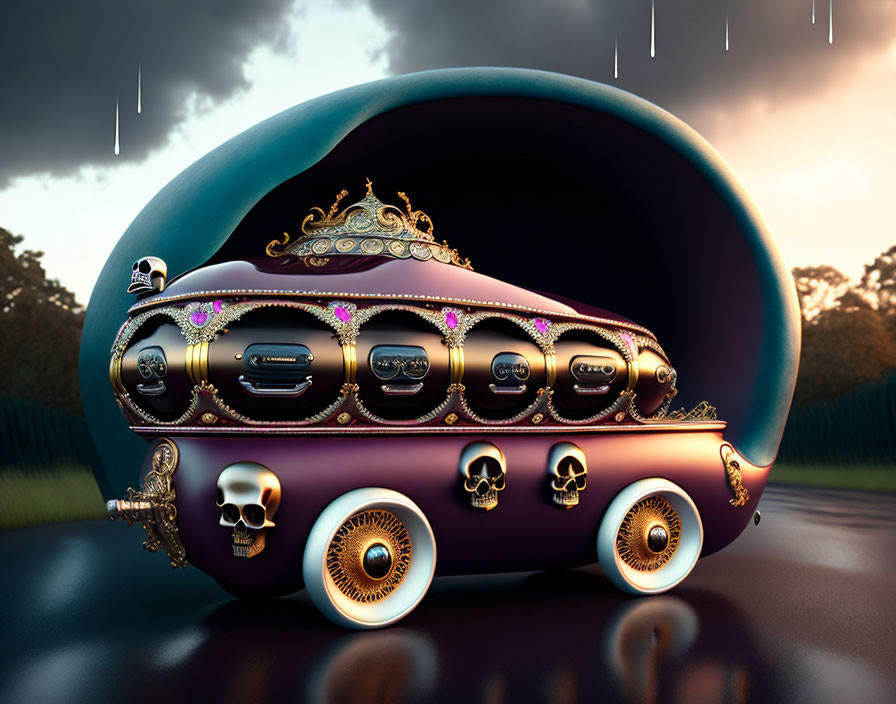 Purple and Gold Submarine with Skull Decorations on Rainy Road