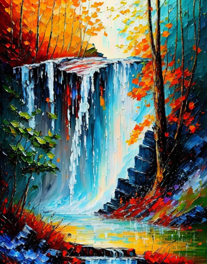 Colorful Impressionist Painting: Waterfall with Autumn Trees