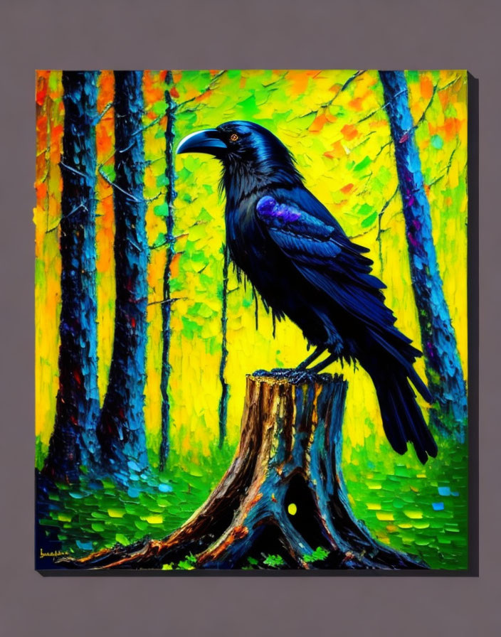 Colorful painting of black raven on stump in stylized forest