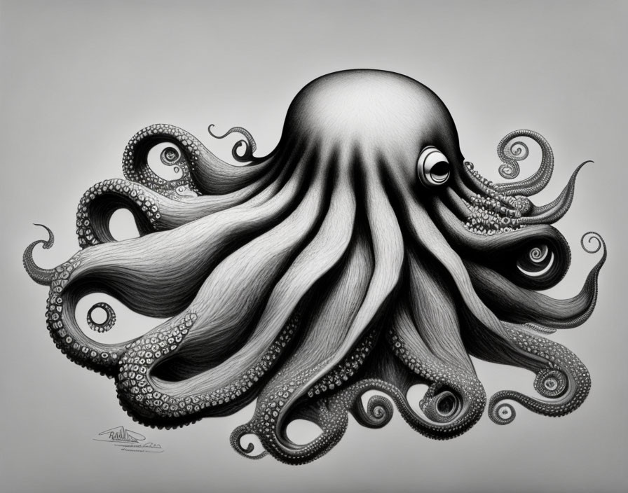 Detailed grayscale octopus illustration with textured tentacles.