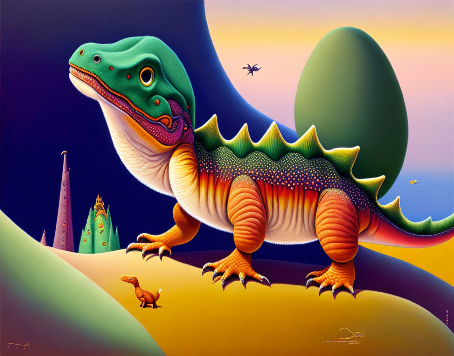 Whimsical oversized lizard-like creature in desert landscape at sunset