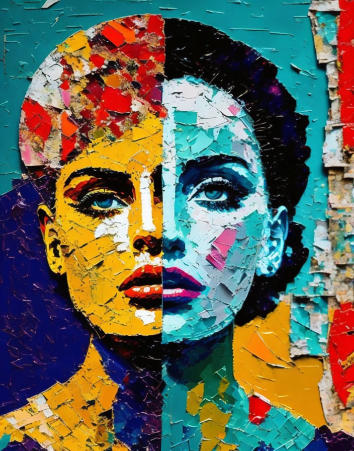 Abstract Portrait of Woman with Vibrant Hues on Textured Surface