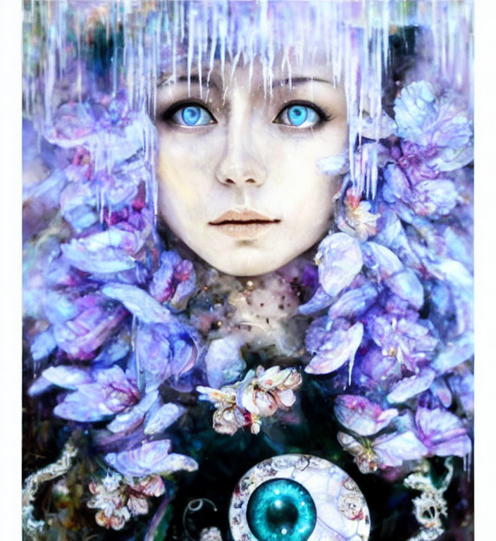 Surreal portrait with vivid blue eyes, purple flowers, watery texture, icicles