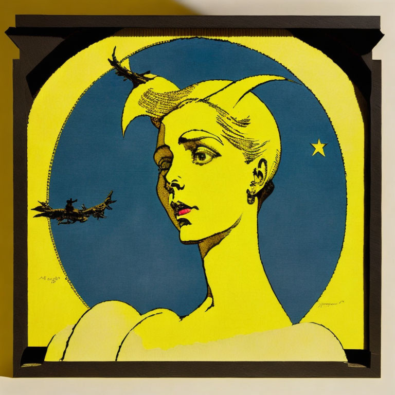 Yellow and Black Art Deco Style Illustration of Woman's Face, Plane, and Star in Circular