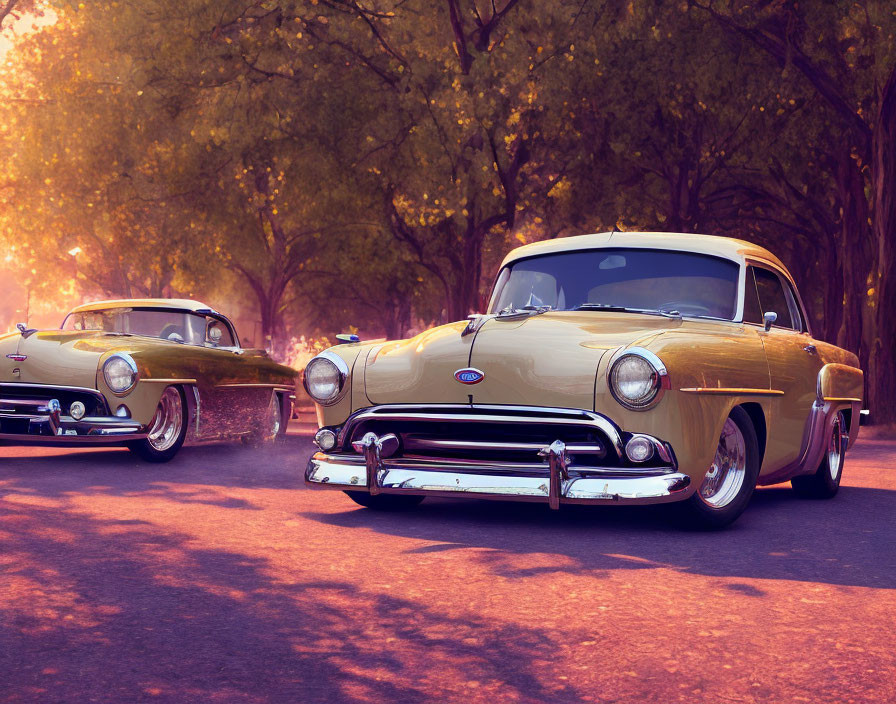 Classic Cars Driving on Tree-Lined Road at Sunset