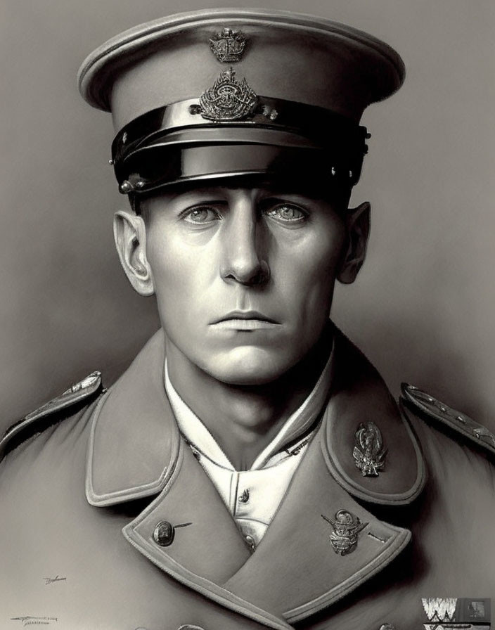 Monochrome illustration of stern military man in decorated uniform